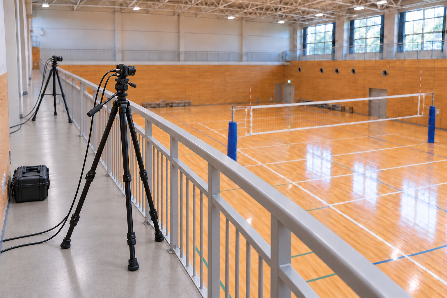 2階の手すり脇の三脚に設置した2台のBlackmagic Micro Studio Camera。ケーブルは端子から床まで垂らした状態。AI生成の設置イメージ